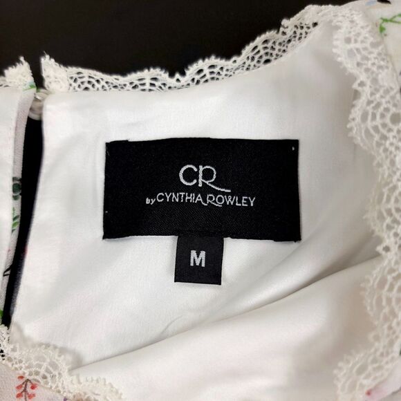 CYNTHIA ROWLEY Cottagecore Sheer Balloon Sleeve Crew Blouse White Floral Medium - Picture 2 of 8